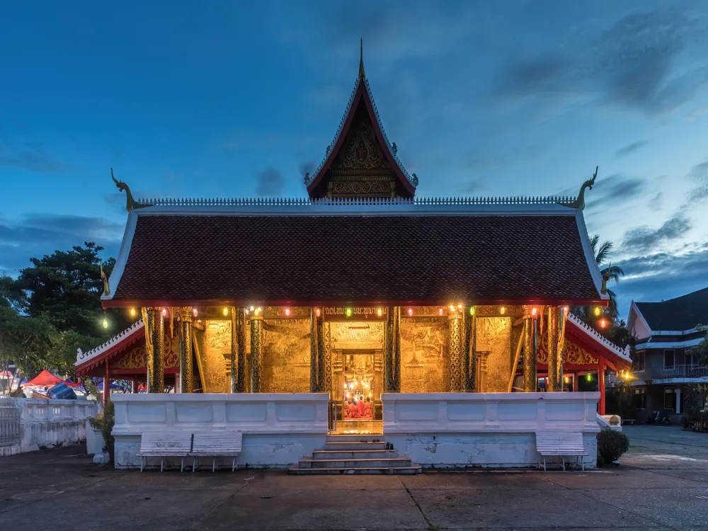 <p><strong>Colorful Lights Adorn Luang Prabang Temple</strong></p>